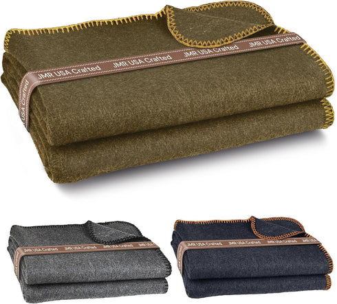 JMR Wool Camping Blanket, Warm Heavy Car Blanket & Camp Quilt, 70% Wool, Olive Green, 62X84