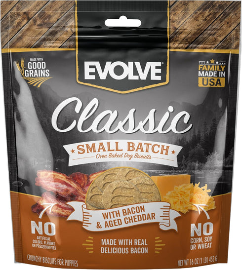 Evolve Classic Dog Treats, Small Batch Oven Baked with Bacon & Aged Cheddar Cheese, 16oz