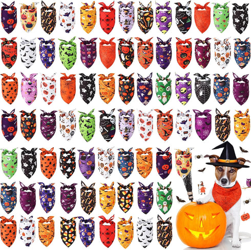Silkfly 80 Pieces Halloween Dog Bandanas Bulk for Dogs Bibs Triangle Scarf