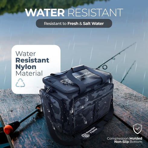 Reaction Tackle Fishing Tackle Bag - Water Resistant Camo Bag with Padded Shoulder Strap, Suitable for 3600 Boxes