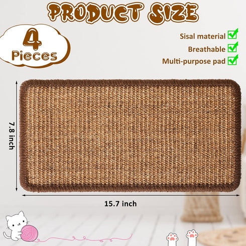 4 Pcs Cat Scratcher Mat Sisal Cat Scratching Pad Scratch Mat for Cat with Adhesive Loop Tape Cat Scratch Pad Rug for Protect Wall Couch Window Perch Cat Wall Furniture Cat Shelves, 15.7x7.8 In (Brown)