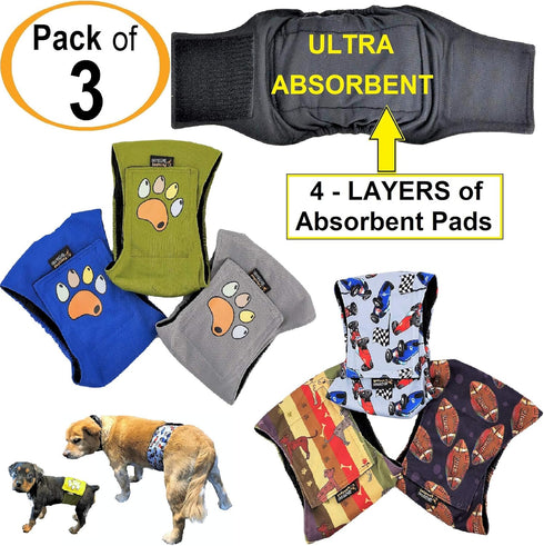 Pack 3 4 20" 26", of Male Dog Diapers - Layers of Absorbent Pads Waterproof Leak Proof Belly Band Wrap Washable (XL: