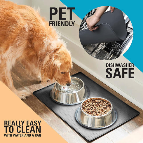 Waterproof Raised Edge BPA Free Silicone Pet Feeding Mat, 23x15, Dishwasher Safe for Cats & Dogs