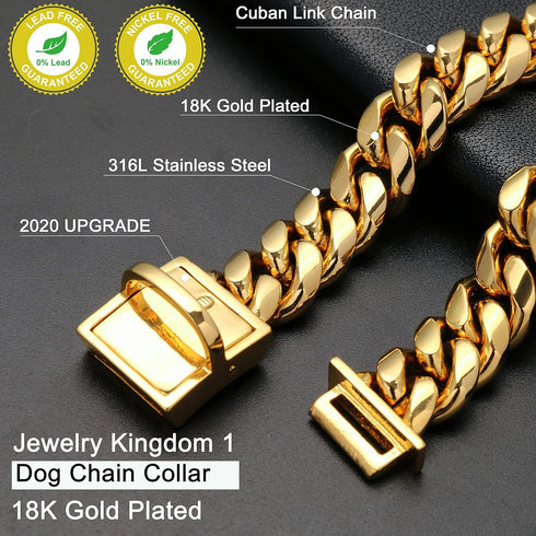 Jewelry Kingdom Gold Dog Chain Collar with ID Tag - 18K Stainless Steel Cuban Link (15MM, 26")