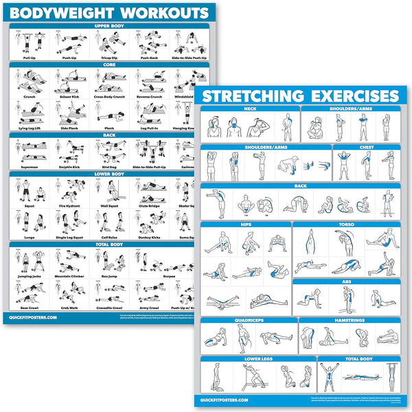 Quick Fit Bodyweight Workouts and Stretching Exercise Poster Set, Laminated 2 Chart Set for Routine & Stretching