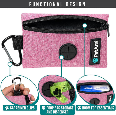 PetAmi Dog Poop Bag Holder for Leash, Doggie Waste Bag Dispenser For Poop with Clip for Puppy Potty Walking Accessories Travel Camping, Dog Treat Pouch Pet Supplies with Trash Bag Roll, Pink 1 Pack by PetAmi