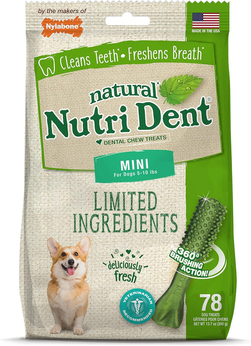 Nylabone Nutri Dent Dog Dental Treats - Fresh Breath Flavor, Mini (78 Count), Natural Teeth Cleaning Treats
