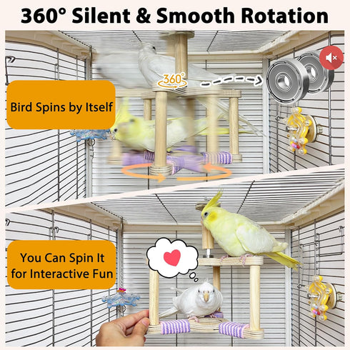 360 Bird Spinning Toy with Feeding Cup, Rotating Bird Perch Toy with Rope-Wrapped for Soft Grip, Interactive Bird Toys