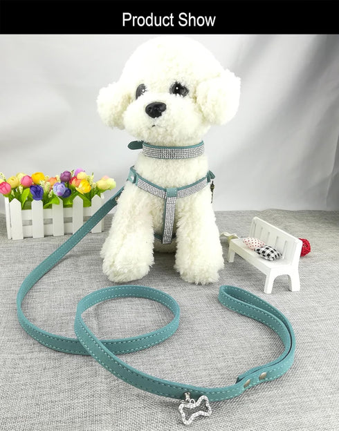 Dog Collar & Harness & Lead Sets, Fashion Diamante Dog Collar with Comfortable Soft Harness and Leashes Set - Blue - S