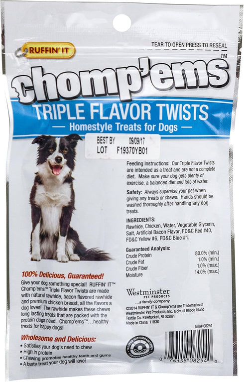 Ruffin' It Chomp'ems Triple Flavor Twists Homestyle Treats for Dogs, 7 Count, 1-Pack