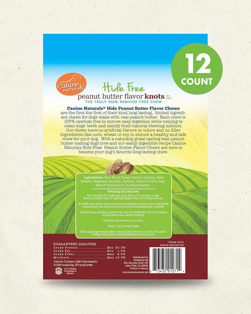 Canine Naturals Natural Peanut Butter Chew, Mini Knot, 12 Pack, 100% Rawhide Free Dog Treats with Real Peanut Butter
