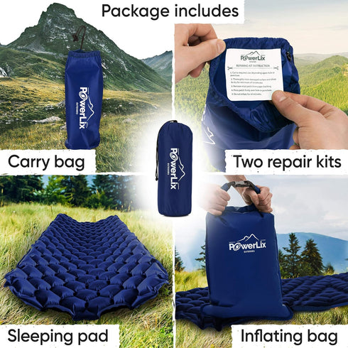 POWERLIX Ultralight Sleeping Pad for Camping - Compact Lightweight Airpad with Inflating Bag, Carry Bag, Repair Kit