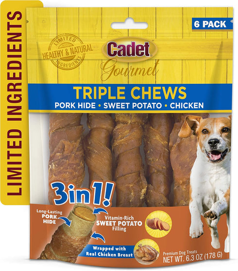 6 Count (Pack 2) Cadet Gourmet Triple Chews Long-Lasting Pork Hide Sticks with Sweet Potato and Chicken, Healthy Dog