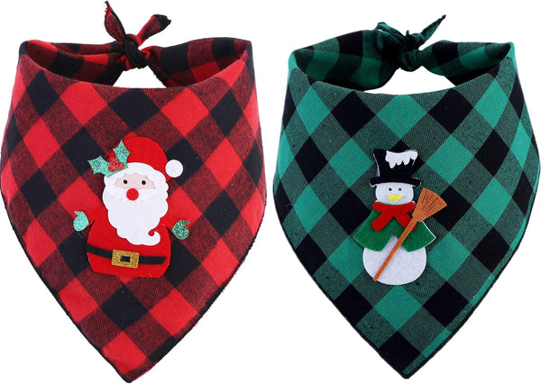 2 Pack Christmas Dog Plaid Bandana with Santa and Snowman Appliques Holiday Scarf for Pet Dog Puppy