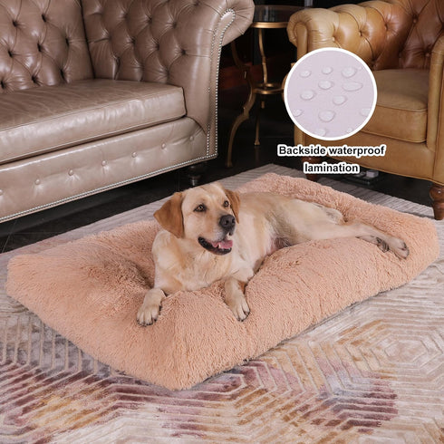 Bedfolks Waterproof Dog Crate Bed, Plush with Removable Washable Cover, Faux Fur for Extra Large Dogs, 41"x27", Solid