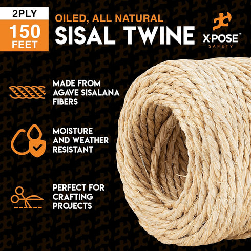 Sisal Twine - 2 Ply 150 Ft Thin Natural Fiber Rope on Spool - Rope Cat Scratching Post, Rope for Cat Scratcher, Cat Tree Replacement Parts, Pet Toy - Decorative Cordage for Crafts, Pole Wrap by Xpose Safety