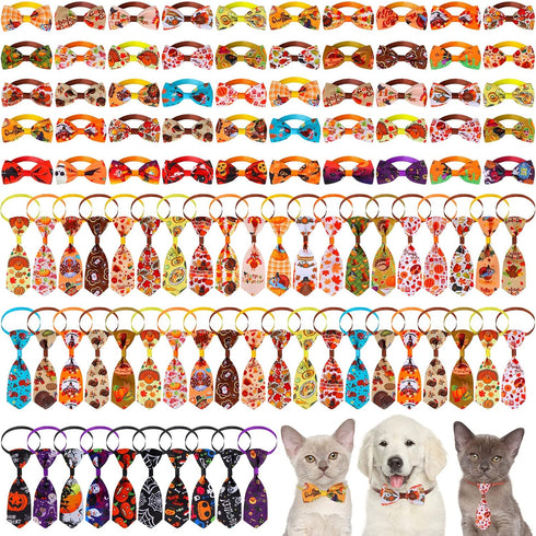 100 Pieces Dog Bows Set, Fall Dog Bows, Thanksgiving Bow Ties, Halloween Dog Bows for Small Medium Dogs