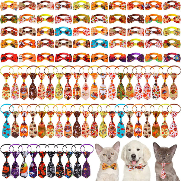 100 Pieces Dog Bows Set, Fall Dog Bows, Thanksgiving Bow Ties, Halloween Dog Bows for Small Medium Dogs