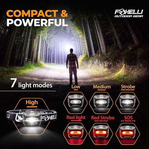 Foxelli LED Headlamp Flashlight for Adults & Kids, Lightweight & Waterproof, Comfortable Headband, 3 AAA Batteries