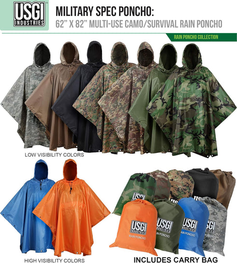 USGI Industries Military Style Poncho - Multi Use Rip Stop Camouflage Rain Poncho