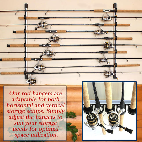 Rush Creek Creations Fishing Rod Holder for 10 Rods - Vertical/Horizontal Rack for Garage Organization