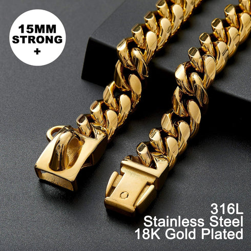 Gold Dog Chain Collar Walking Metal Chain - 18K Cuban Link with Design Secure Buckle for Medium Dogs (14MM, 20")