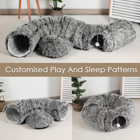 Cat Tunnel Bed for Indoor Cats, Peekaboo Cat Cave with Washable Soft Play Mat, Furry Cat Tube, for Kitten/Puppy/Rabbit