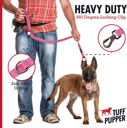 Tuff Pupper Heavy Duty Double Handle Dog Leash - 6 Foot Reflective with Twist Locking Carabiner for Strong Dogs