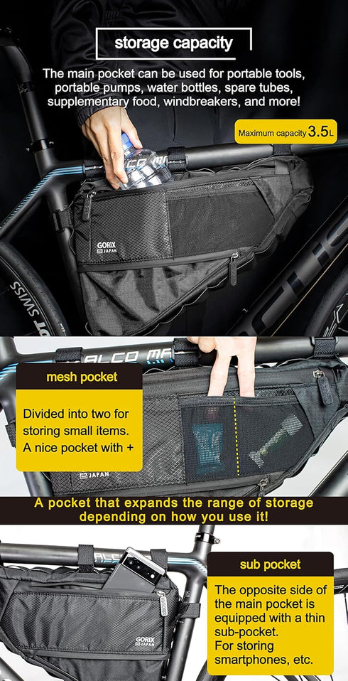 GORIX Expandable 3.5L Bike Triangle Frame Bag, Waterproof Cycling Top Tube Bag