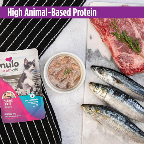 2.8oz (Pack 24) Nulo FreeStyle Cat & Kitten Wet Cat Food - Sardine & Beef in Broth, Grain-Free, High Protein Soft Food