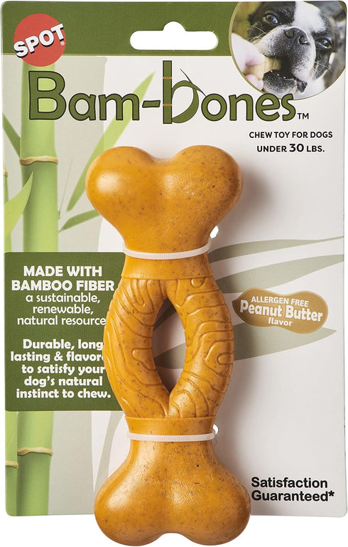 SPOT Bam-Bones Curved Bone, Strong Bamboo Fiber Chew Toy for Light to Moderate Chewers, 6in Peanut Butter Flavor