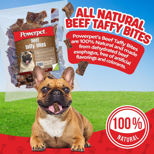 100% 8oz Powerpet Taffy Bites - Low Fat Premium Beef Jerky Treat, Natural Beef Esophagus Dog Chew, Highly Digestible