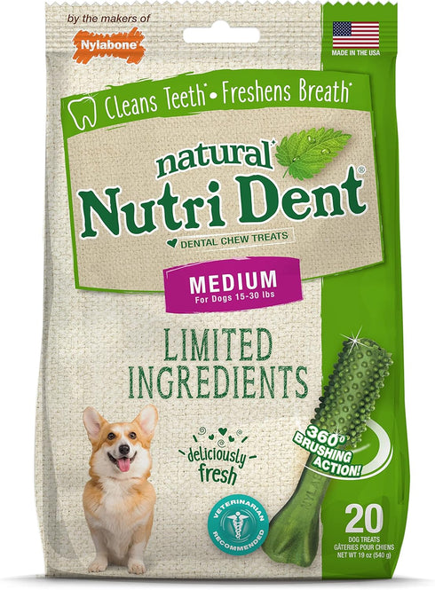 Nylabone Nutri Dent Dog Dental Chews, Fresh Breath Flavor, Medium (20 Count) - Natural Dog Teeth Cleaning & Breath