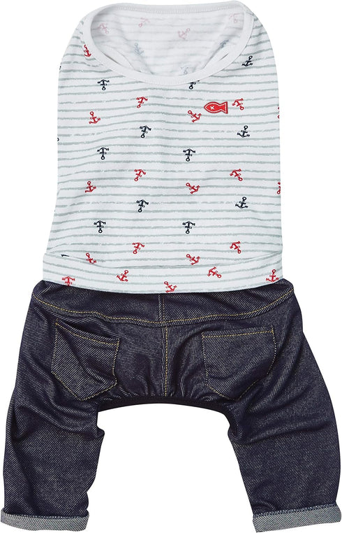 Blueberry Pet Summer Vacation Beach Cotton Dog Shirt with Denim Pants, Nautical Striped Jumpsuit for Medium Dogs