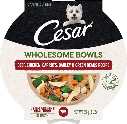 CESAR WHOLESOME BOWLS Adult Soft Wet Dog Food, Beef, Chicken, Carrots, Barley & Green Beans Recipe, (10) 3 oz. Bowls