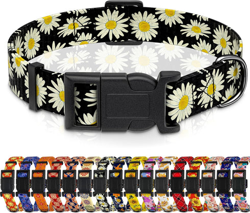 Dog Collar, Adjustable Soft Floral Pet Collar with Safety Buckle for Small Medium Large Dogs, Daisy Boys Girls (Black