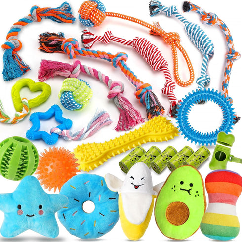 Zeaxuie 25 Pack Luxury Dog Chew Toys - Puppy Chew Toys with Ropes, Treat Ball and Squeaky Toys for Teething Small Dogs