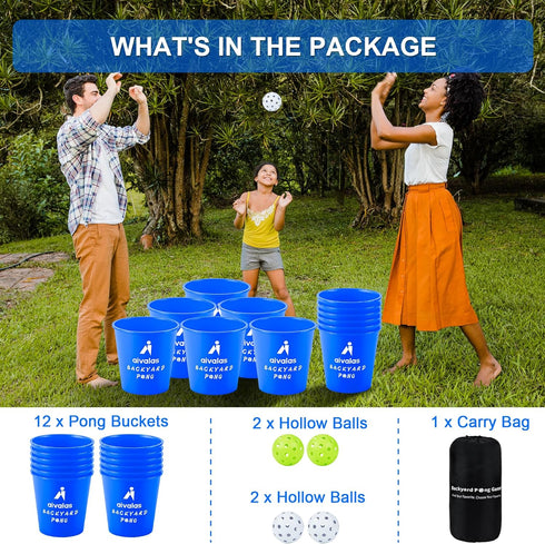 Yard Pong Outdoor/Indoor Games Set: Giant Game for Adults and Family with 12 Buckets, 4 Balls, Carrying Bag