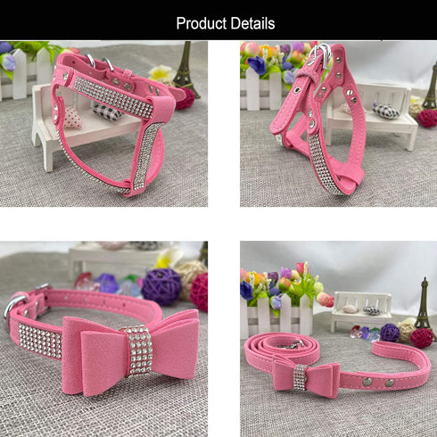 Bowtie Dog Collar & Harness & Lead Sets, Comfortable Soft Puppy Collar with Diamante, Pink - XS