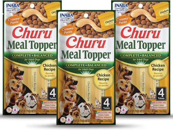 INABA Churu Meal Topper for Dogs, Creamy Lickable Purée Dog Food Topper, 0.5 Ounce Tube, 12 Tubes Chicken Recipe