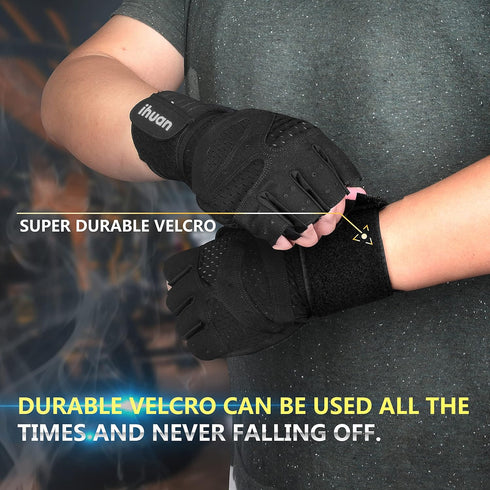 ihuan Ventilated Weight Lifting Gym Workout Gloves with Wrist Wrap Support for Men & Women, Full Palm Protection