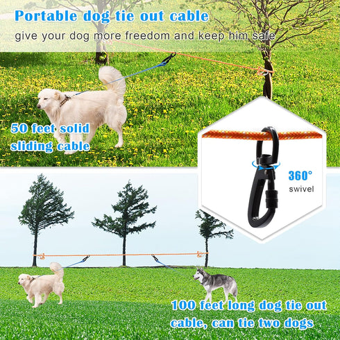 Dog Tie Out Cable for Camping, 50ft Reflective Overhead Trolley System for Dogs up to 300lbs, Portable Dog Runner