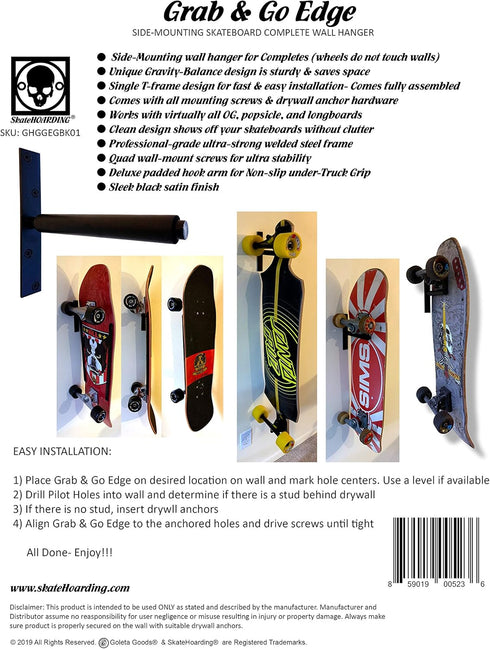 Grab & Go Edge Side-Mounting Skateboard Complete Wall Hanger Rack