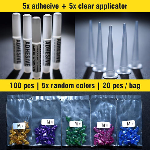 zetpo Cat Nail Caps with Adhesives and Applicators (M, 5X Glitter Random Colors, 100 pcs)
