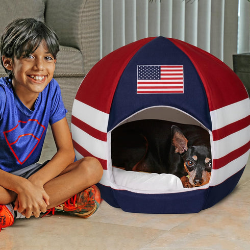 Maccabi Art US Country Dog Bed, Sports Themed Pet Bed, Fits Small Dogs, Puppies, Cats, Non-Slip Igloo Design, 16 x 18 x