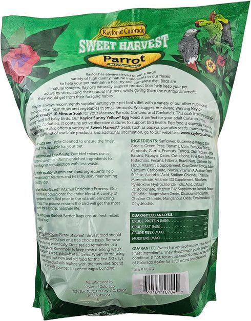 Sweet Harvest 4 lbs Parrot Bird Food (No Sunflower Seeds), Bag - Seed Mix for a Variety of Parrots