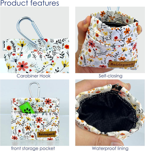 Raisingwell Dog Treat Pouch, Small Cotton Pocket Sized Training Holder, Hand Free Walking Funny Bag with Carabiner