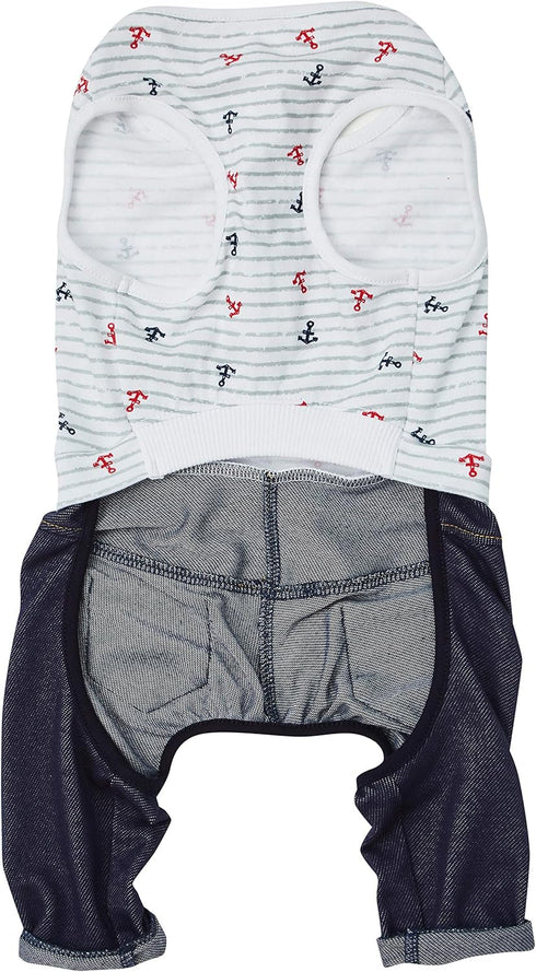 Blueberry Pet Summer Vacation Beach Cotton Dog Shirt with Denim Pants, Nautical Striped Jumpsuit for Medium Dogs