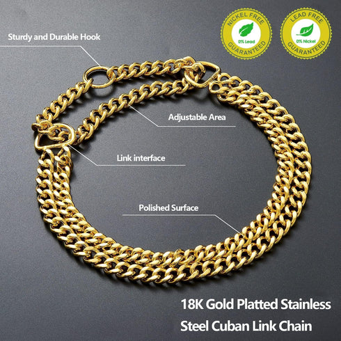 Gold Dog Chain Collar - Adjustable Stainless Steel 18K Cuban Link for Large, Medium, Small Dogs