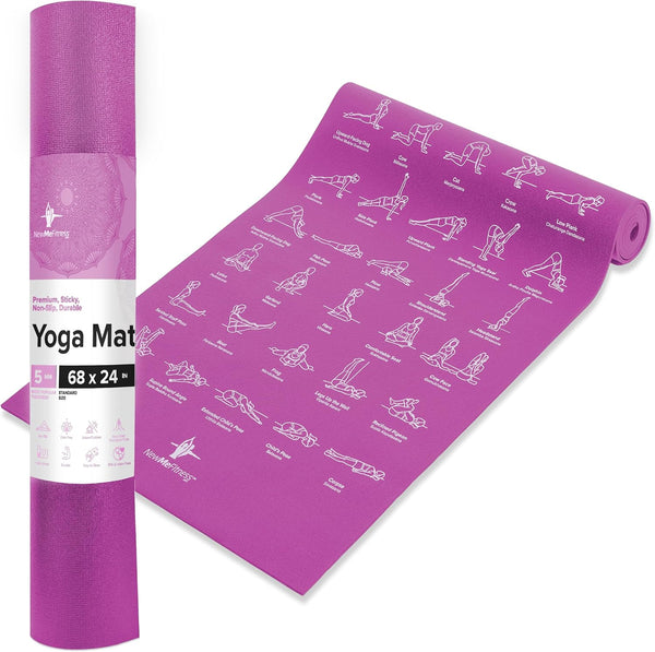 NewMe Fitness Yoga Mat for Women and Men - Large 5mm Thick Non Slip Exercise Mats with 70 Printed Yoga Poses